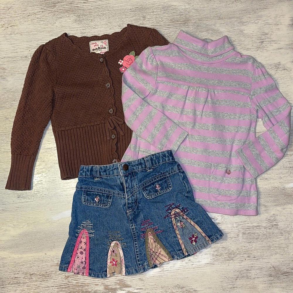OshKosh B'gosh Girls Brown Cardigan, Lavender & Silver Striped Top, Denim Skirt